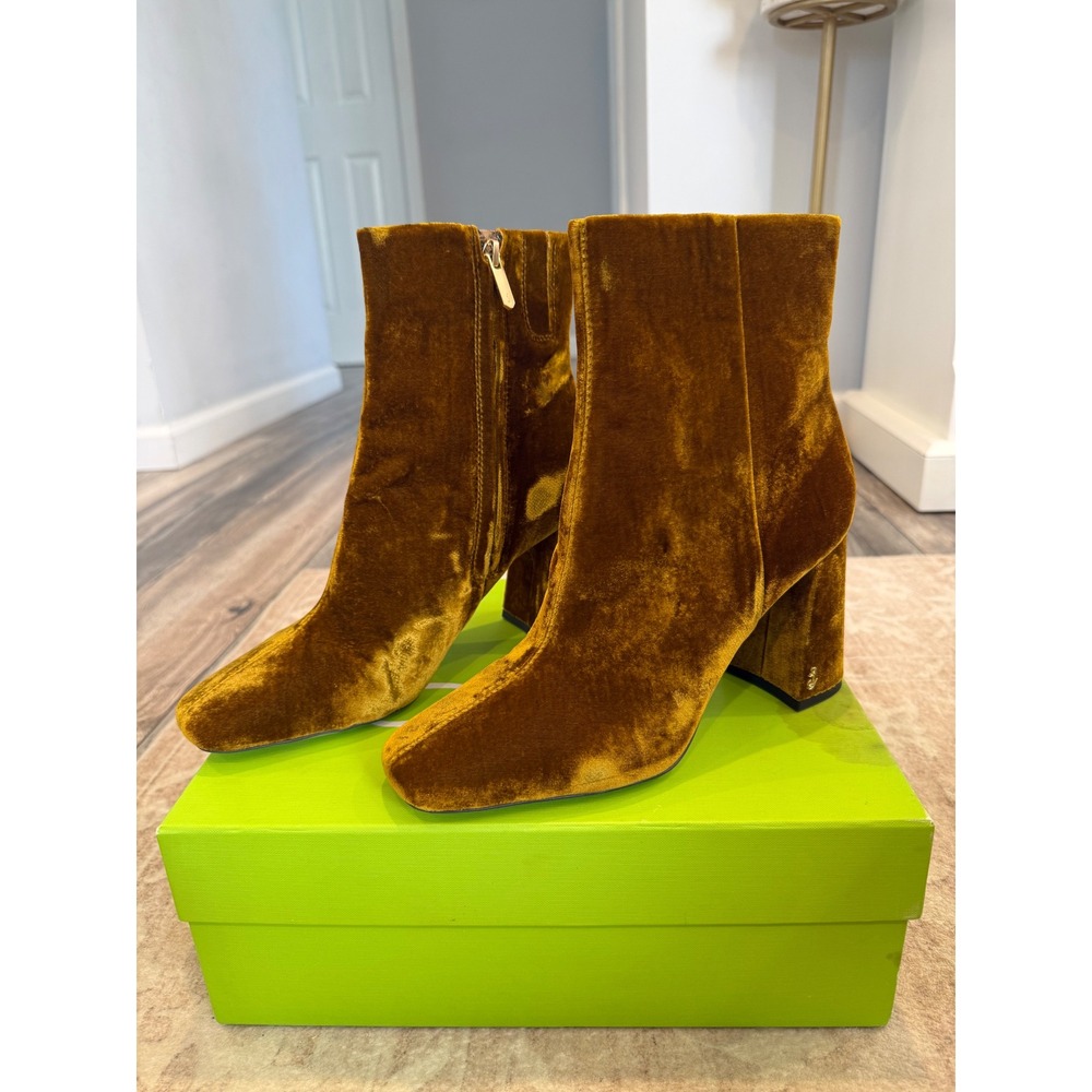 Sam Edelman Codie Rust Velvet Ankle Boots Square Toe Block Heel Amber Gold 9